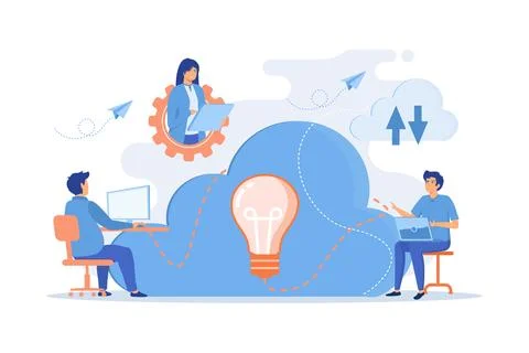 Coworking team of users connected by cloud computing and light bulb. Online.. Stock Illustration