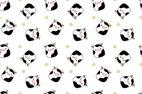 Cows and dots on seamless pattern. Squishmallow. Repeatable background with cows Illustrazione stock