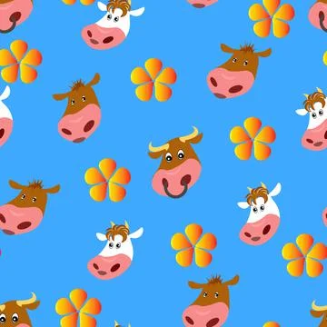 Cows Family Pattern Blue Background Cow Bull Goby Blue background Stock Illustration