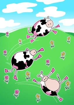 Cows on a green hill dancing Stock Illustration