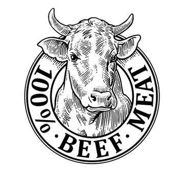 Cows head. 100 % beef meat lettering. Vintage vector engraving Stockillustratie