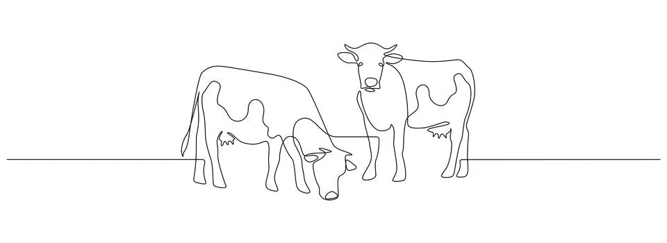 Cows on pasture in One continuous line drawing. Milk calf animal grazing symbol Stock Illustration