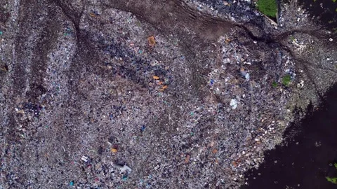 Cows at rubbish dump landfill polluting on a island. Lovely aerial view drone Stock-Footage 344615817