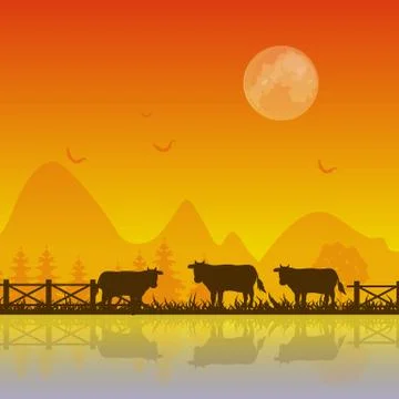 Cows silhouette at sunset Vector background illustrations Ilustración de archivo