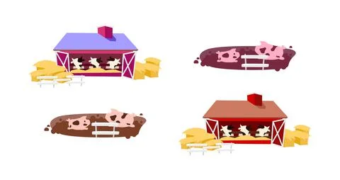 Cowsheds flat color vector objects set Stock Illustration