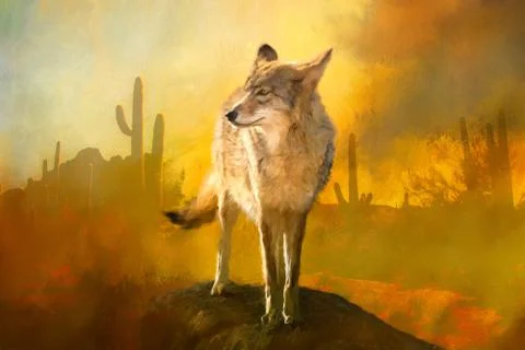 Coyote with Saguaros Stock Photos