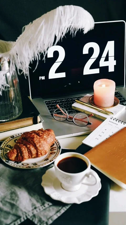 A cozy aesthetic desk setup with coffee, croissant, and laptop screen. Video stock 343471162