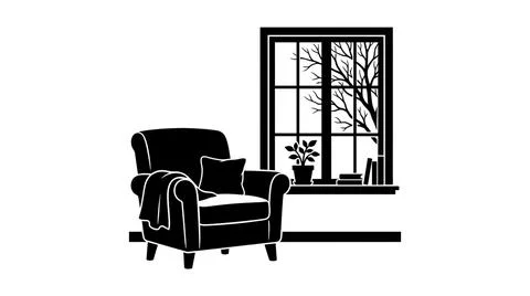 Cozy Armchair by a Window with Bare Trees Silhouette Stock Illustration