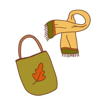 Cozy autumn accessories featuring a leaf-embroidered tote bag and a warm scarf Stock Illustration