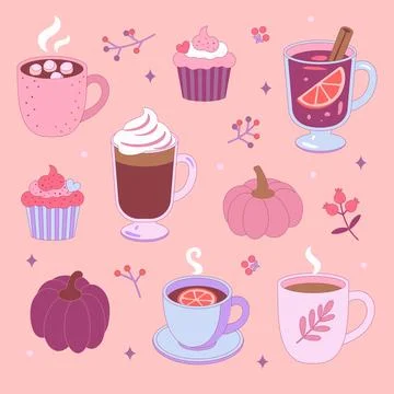 Cozy Autumn Cafe Vector Set - Hot Drinks, Cupcakes, and Pumpkins 스톡 일러스트