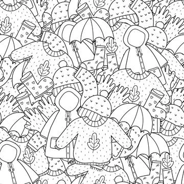 Cozy autumn clothes seamless pattern. Doodle warm clothes coloring page Stock Illustration