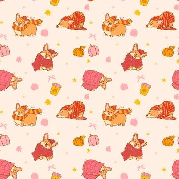 Cozy Autumn Corgi Seamless Pattern Hand Drawn Kawaii Cute Cartoon Dog Repea.. Illustrazione stock