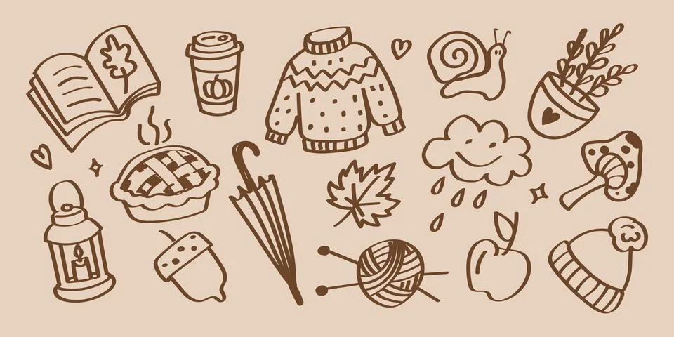 Cozy Autumn Doodle Elements Set. Hand Drawn Vector Illustration. イラスト素材