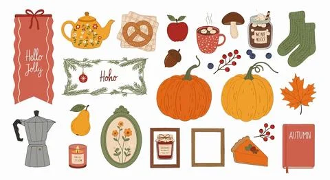 Cozy Autumn Elements Collection: Pumpkins, Pie, Hot Cocoa, and Fall Decor Иллюстрация