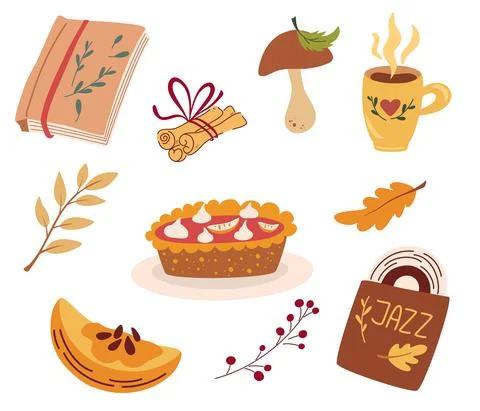 Cozy autumn elements. Pumpkin pie, jazz record, hot drink, cinnamon sticks, a 스톡 일러스트