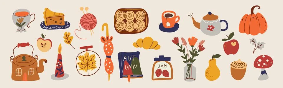 Cozy autumn elements set with cute hand-drawn doodles. Pumpkin, candle, mug.. Stock Illustration