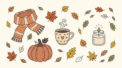 Cozy autumn elements set with warm scarf pumpkin and coffee cup for seasona.. Stock Illustration