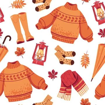 Cozy Autumn Essentials Seamless Pattern Flat Vector. Texture with Sweater Stock Illustration