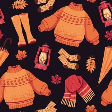 Cozy Autumn Essentials Seamless Pattern Flat Vector. Texture with Sweater 스톡 일러스트
