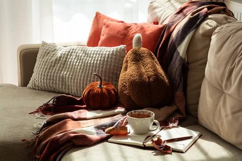 Cozy Autumn Evening Setup With Pumpkins And Warm Drink In Sunlight Stock Photos
