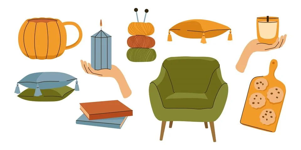 Cozy autumn hygge vector elements set for home comfort 库存插图