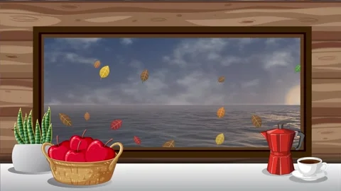 Cozy Autumn Interior with Falling Leaves and Ocean Sunset View Stock Footage 345125176