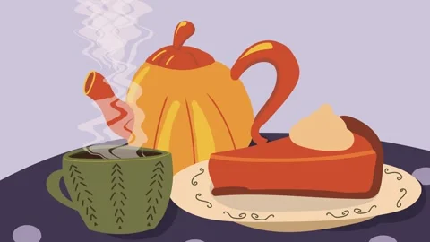 Cozy autumn looping animation of steaming hot drink and slice of pumpkin pie. Vídeo Stock 320893086