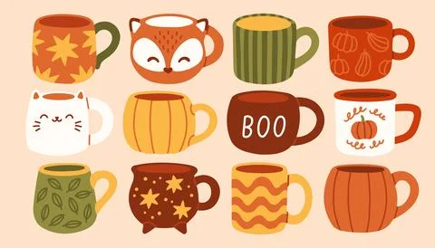 Cozy autumn mug collection vector illustration with fox, cat, pumpkin, and star 스톡 일러스트