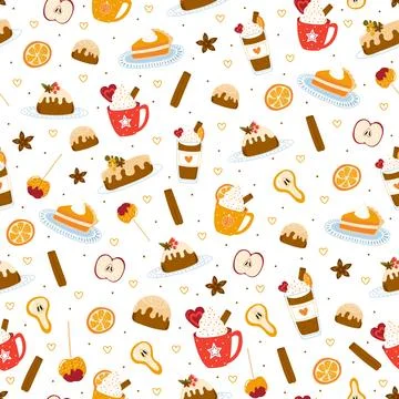 Cozy autumn or winter pattern with pastry and hot drinks on white background Stock Illustration