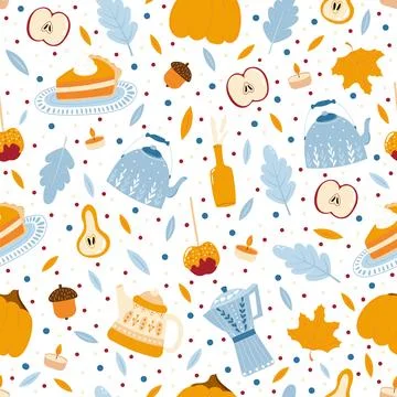 Cozy autumn pattern with pumpkin pie, apple and pear, coffee and tea on whi.. Illustrazione stock