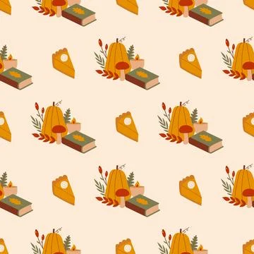 Cozy Autumn Pattern with Pumpkin Pie Books and Autumn Leaves in a Seamless Stock Illustration