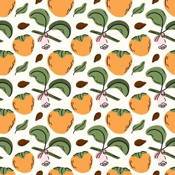 Cozy Autumn Persimmon Seamless Pattern with Blossoms and Leaves Stock Illustration