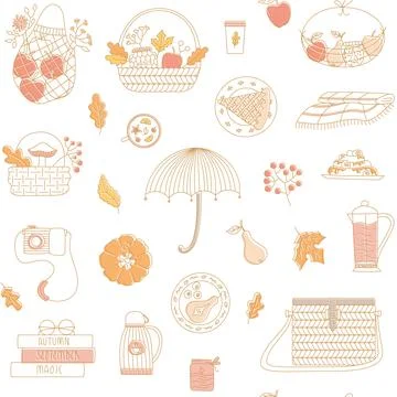 Cozy autumn picnic seamless pattern. Line vector background with cute fall Stock Illustration