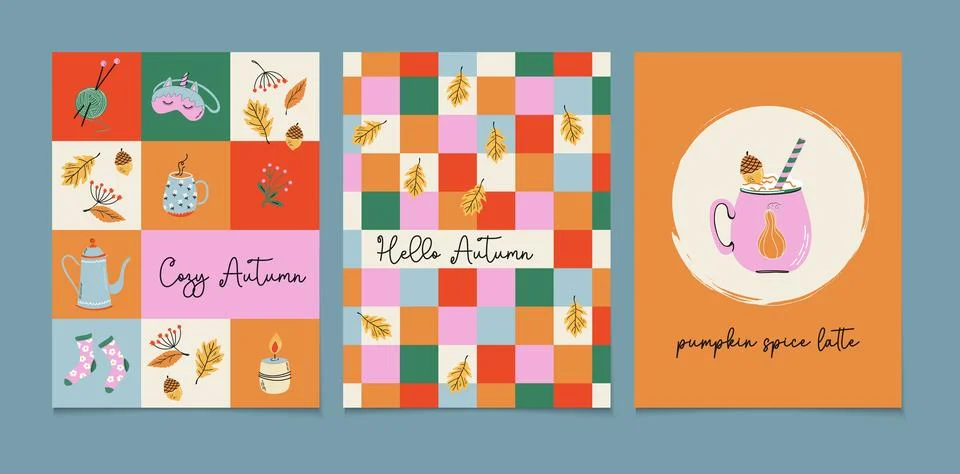 Cozy Autumn print set. Fall geometric cards, posters, covers. 库存插图