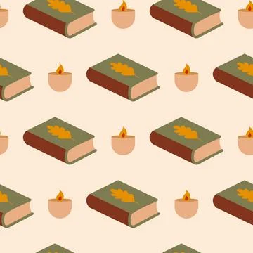 Cozy Autumn Reading Seamless Pattern with Books and Candles for Print Design Stock Illustration