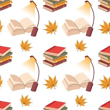 Cozy autumn reading seamless pattern with books reading lamp and maple leave Stock Illustration