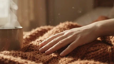 Cozy Autumn Scene, Hand Touching Blanket, Steaming Mug, Sunlight Dust Particles Stock Footage 345795862