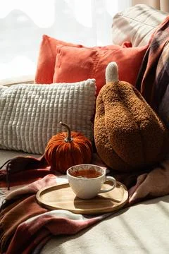 Cozy Autumn Scene With Pumpkins And Hot Tea On Comfortable Sofa Stock Photos