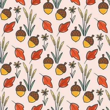 Cozy autumn seamless pattern with acorns, flowers and herbs Stock Illustration
