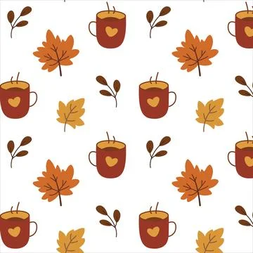 Cozy autumn seamless pattern with coffee mugs and fall leaves for seasonal .. Stock Illustration