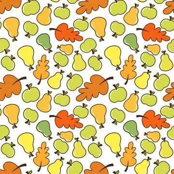 Cozy autumn seamless pattern with falling leaves and garden fruits Stockillustratie