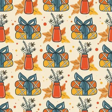 Cozy autumn seamless pattern with leaves, warm plaid and flowers Illustration