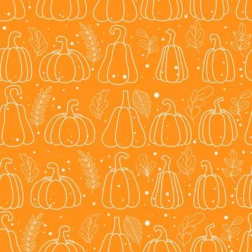 Cozy autumn seamless pattern with pumpkin and leaf silhouettes Illustrazione stock