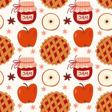 Cozy Autumn Seamless Pattern with Red Apples Jam Jars Pie and Star Anise Stock Illustration