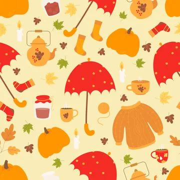 Cozy autumn seamless pattern. Sweater and socks, jar of jam, cup and teapot, hot Stock Illustration