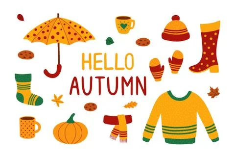 Cozy autumn. Set of elements. Cute umbrella, sock, hat, sweater, scarf, boot イラスト素材