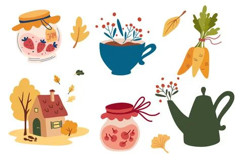 Cozy autumn. Set of elements. Small house, teapot, cup, jam, leaves and berri イラスト素材