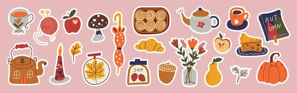 Cozy autumn sticker set with cute fall icons. Hand drawn doodles of pumpkin.. 库存插图