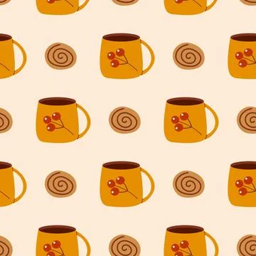 Cozy Autumn Tea Time Vector Seamless Pattern with Cinnamon Rolls and Tea Cups Stock Illustration