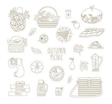Cozy autumn vector elements collection of tea, coffee, pie, pumpkin, books Stock Illustration